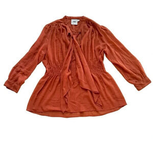 ASOS Orange Sheer Blouse Top Long Sleeve Neck Tie Smocked 14